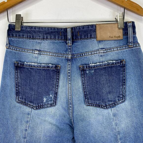 Free People Patchwork 2 Tone Boyfriend Jeans Sz 27 High Rise Cropped Distressed - Picture 7 of 12